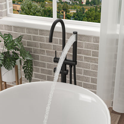 Freestanding Bathtub Faucet Floor Mount Tub Filler With Swivel Gooseneck Spout And Cylinder Handheld