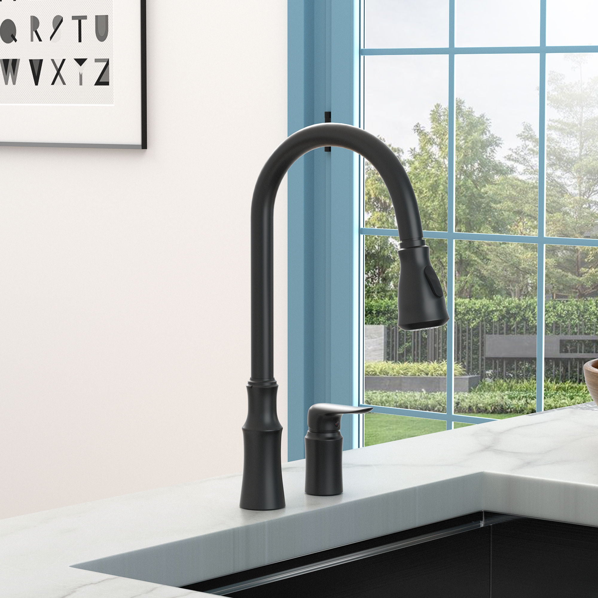 16.9&quot; Kitchen Sink Faucet With Separate Handle And Pull Down Sprayer, Lead Free Brass - Matte Black