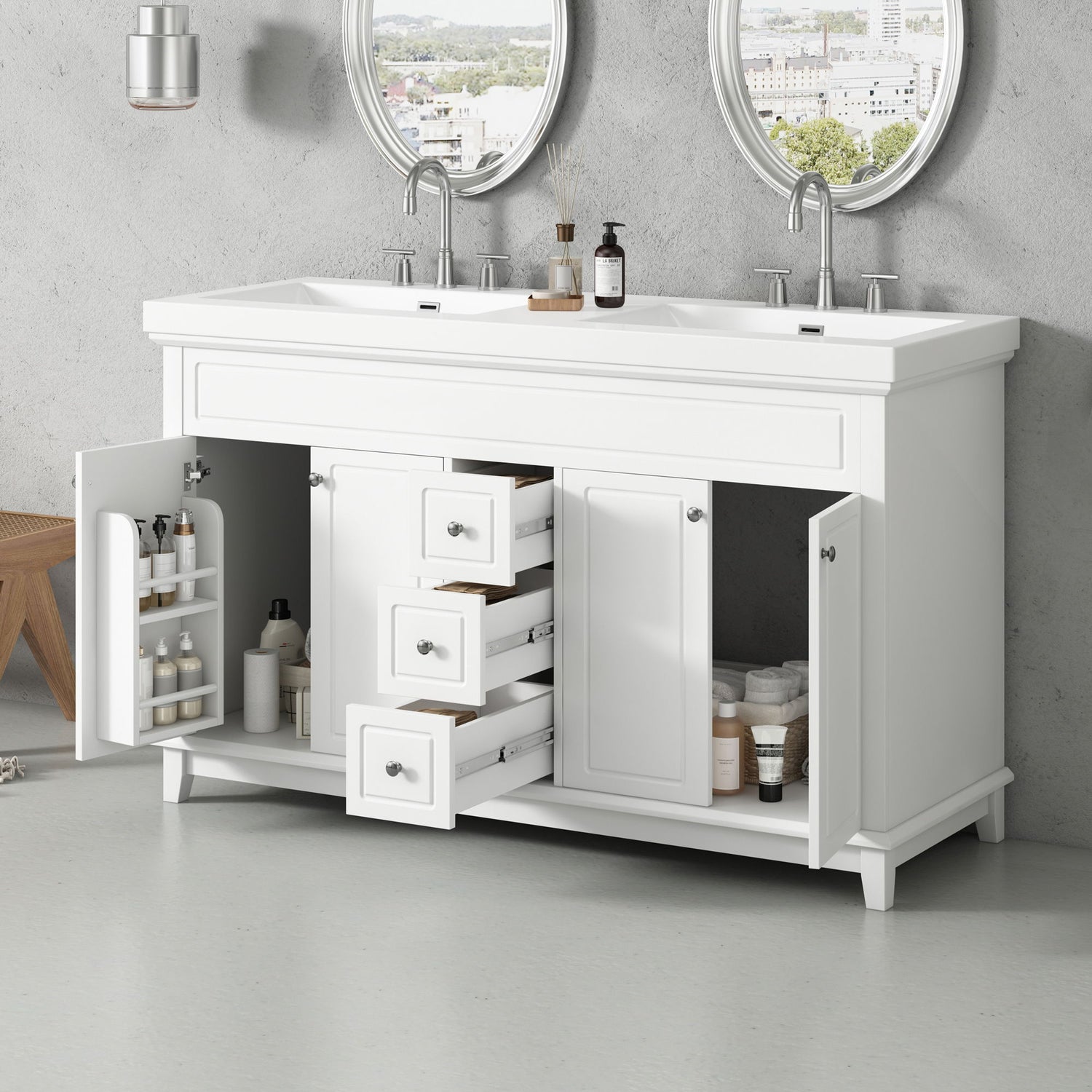 Bathroom Vanity With Double Sinks, 3 Drawers &amp; 4 Doors - White