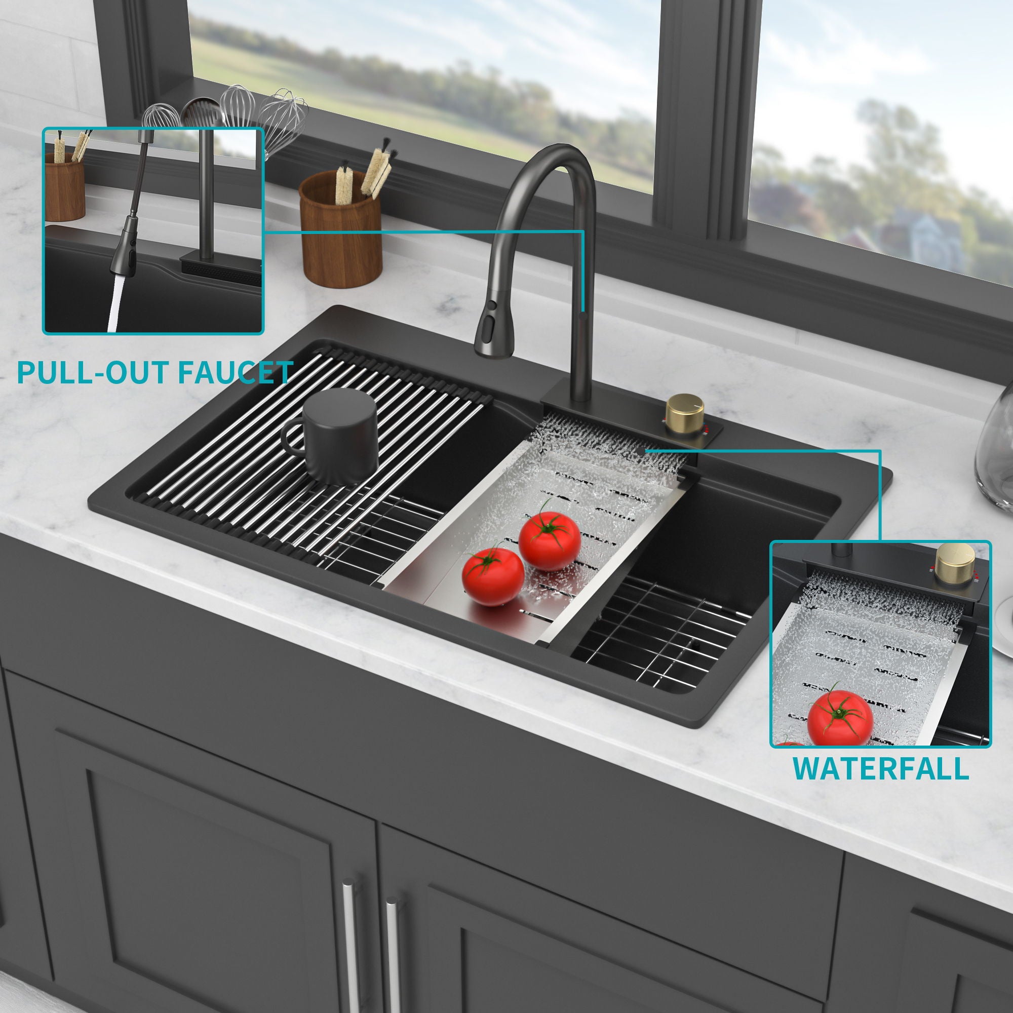 Waterfall Kitchen Sink With Pull Out Faucet &amp; Cup Washer