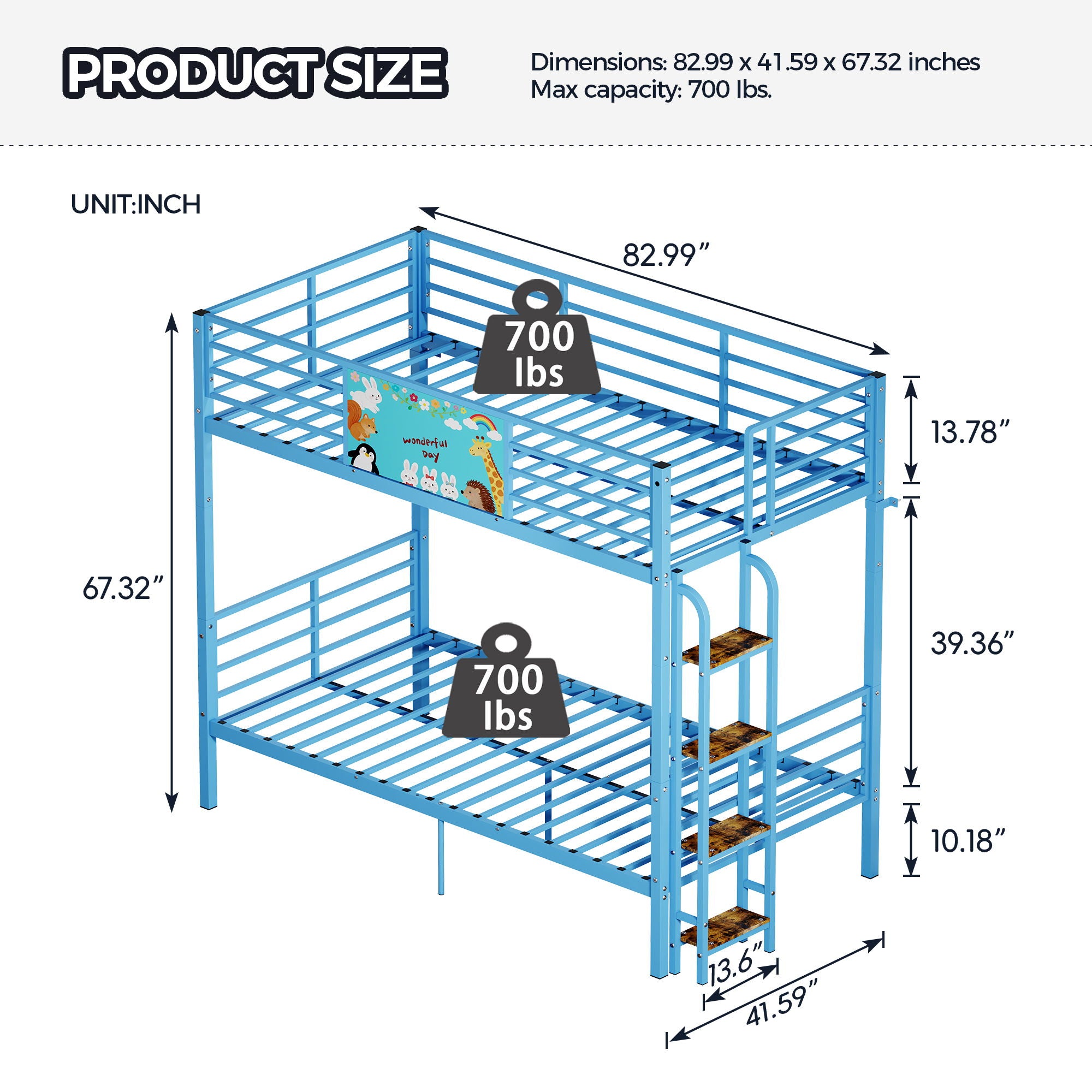 Bunk Bed, Convertible To 2 Separate Twin Size Beds With Full Length Guardrail &amp; Ladder, No Box Spring Needed - Blue