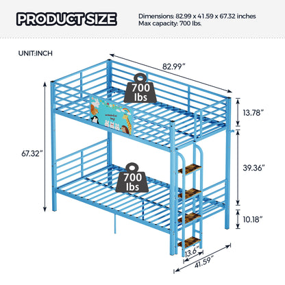 Bunk Bed, Convertible To 2 Separate Twin Size Beds With Full Length Guardrail &amp; Ladder, No Box Spring Needed - Blue