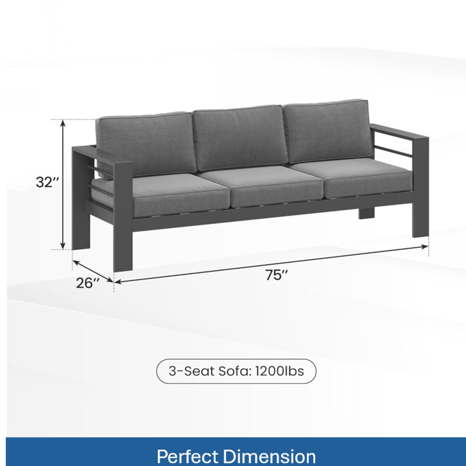 All Weather 3 Seat Patio Sofa With Thick Cushions - Gray / Gray