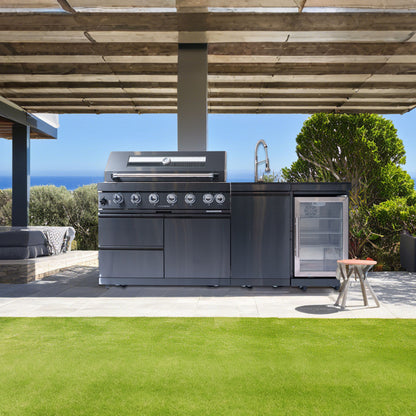 6 Burner 85, 000 Btu Outdoor Kitchen Island Grill With Wine Cooler Refrigerator, Rotisserie Kit, Granite Countertops &amp; Sink - Black