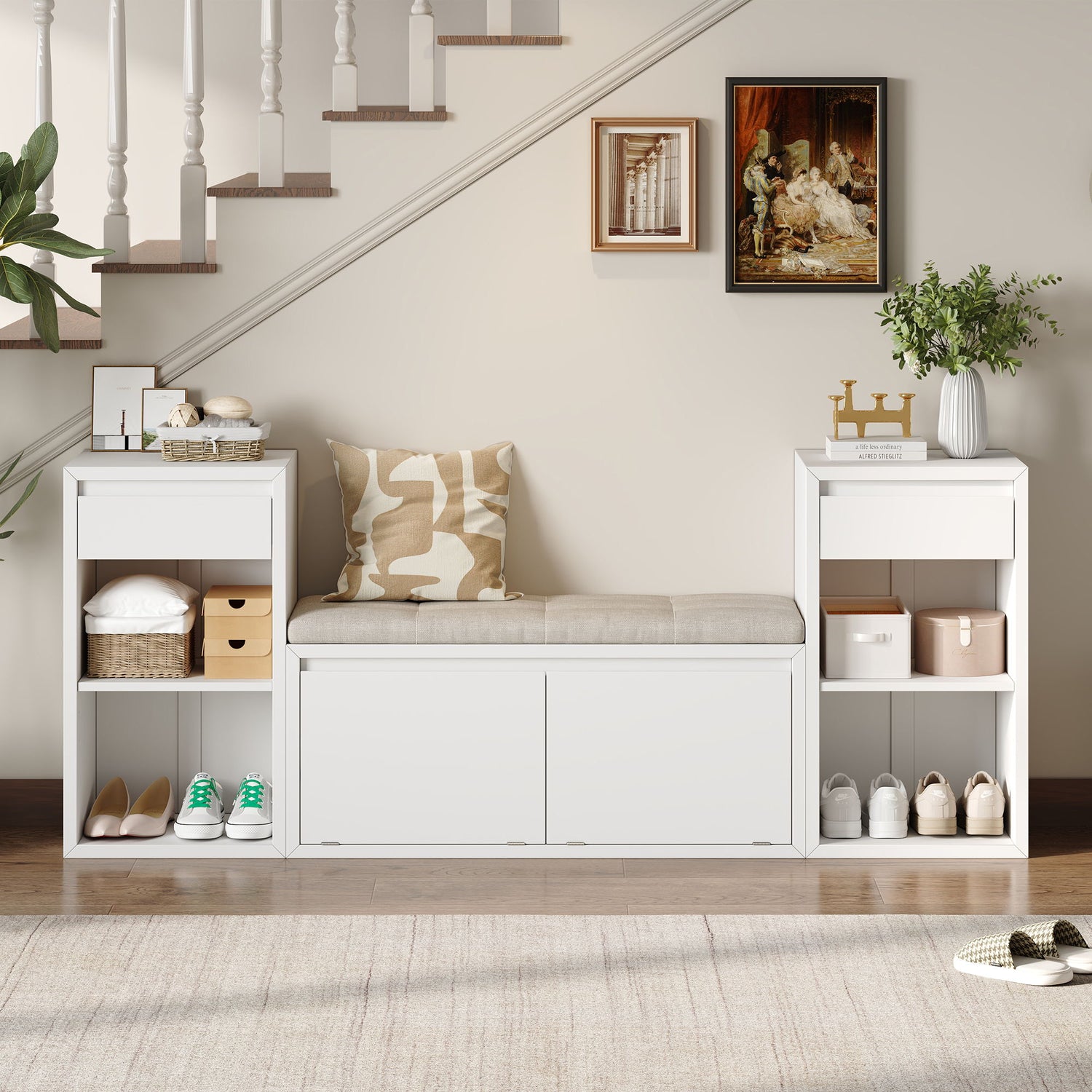 Entryway Storage Bench With Cushion, Drawers &amp; Open Shelves