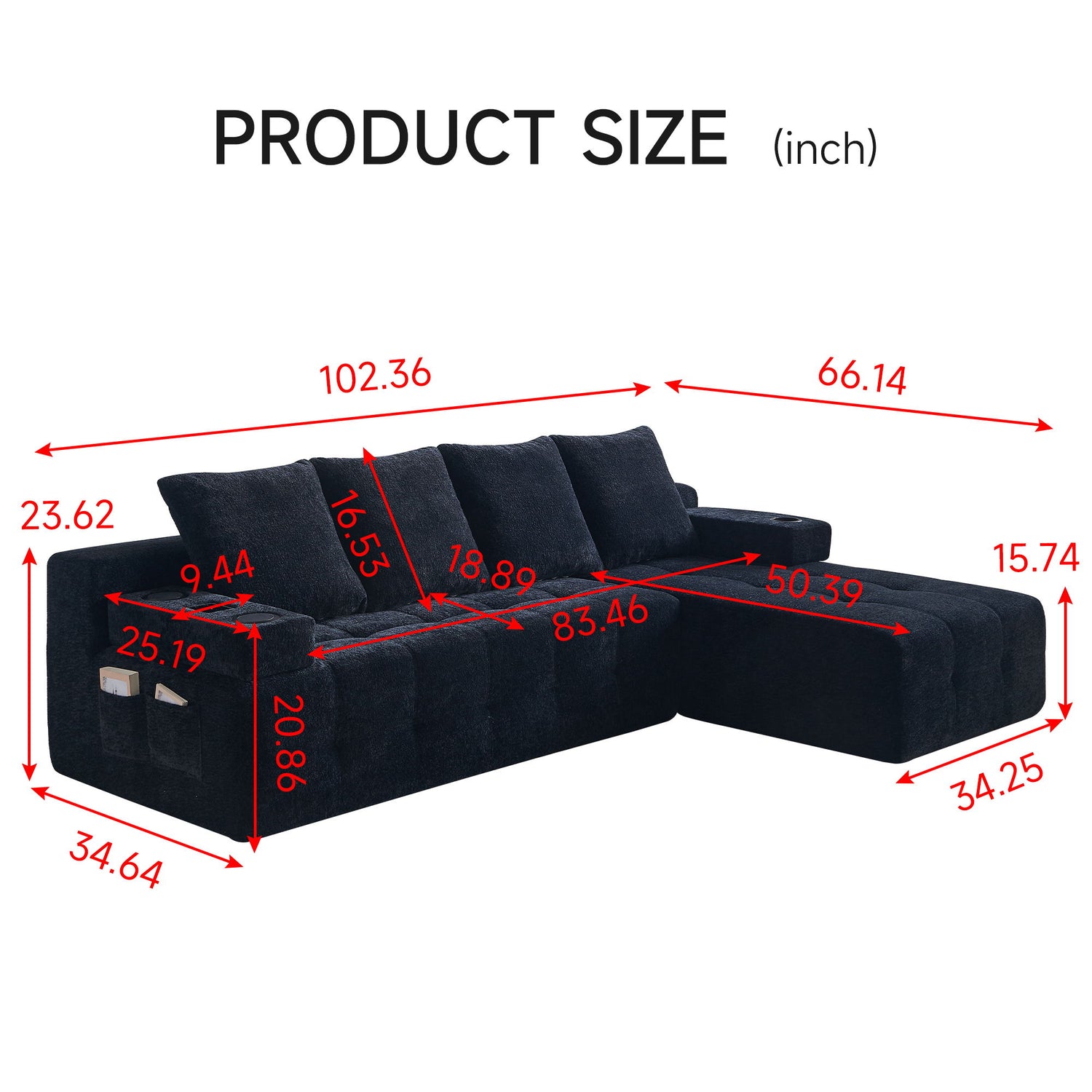 L - Shaped Sectional Sofa With Side Pockets, Wireless Charging, USB Ports, Cup Holder, Bluetooth Speaker, Reversible Lounge Chaise - Black