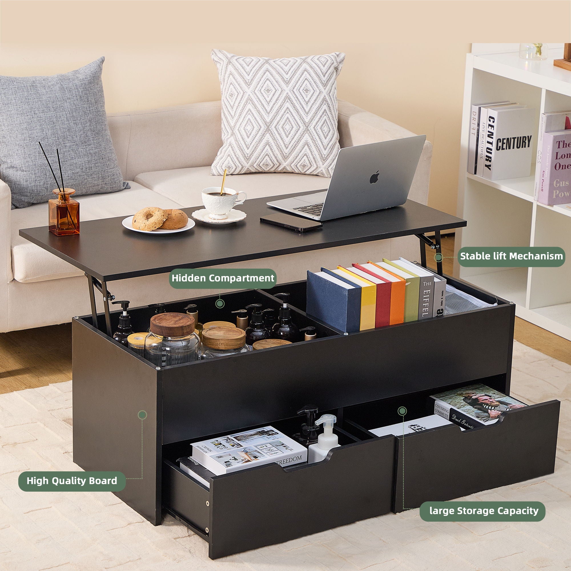 Lift-Top Coffee Table With Storage Center Tables Hidden Compartment &amp; 2 Drawers, Sofa Table For Living Room - Black