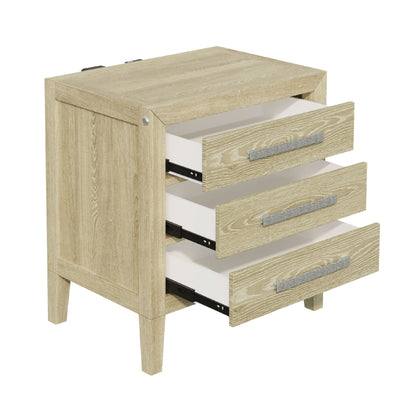 Adeline - 3 Drawers Nightstand With USB &amp; LED Light - Natural Wood Wash