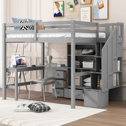 Loft Bed &amp; L Shaped Desk, Drawers, Cabinet, And Storage Staircase