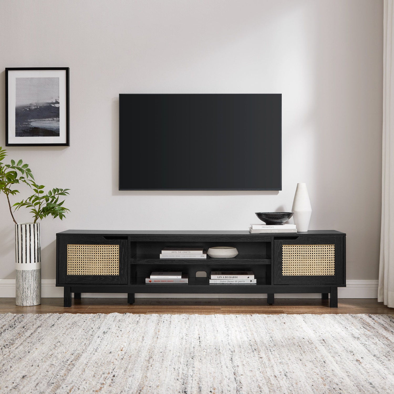 Modern Rattan Door Low TV Stand For TVs Up To 80&quot; - Black