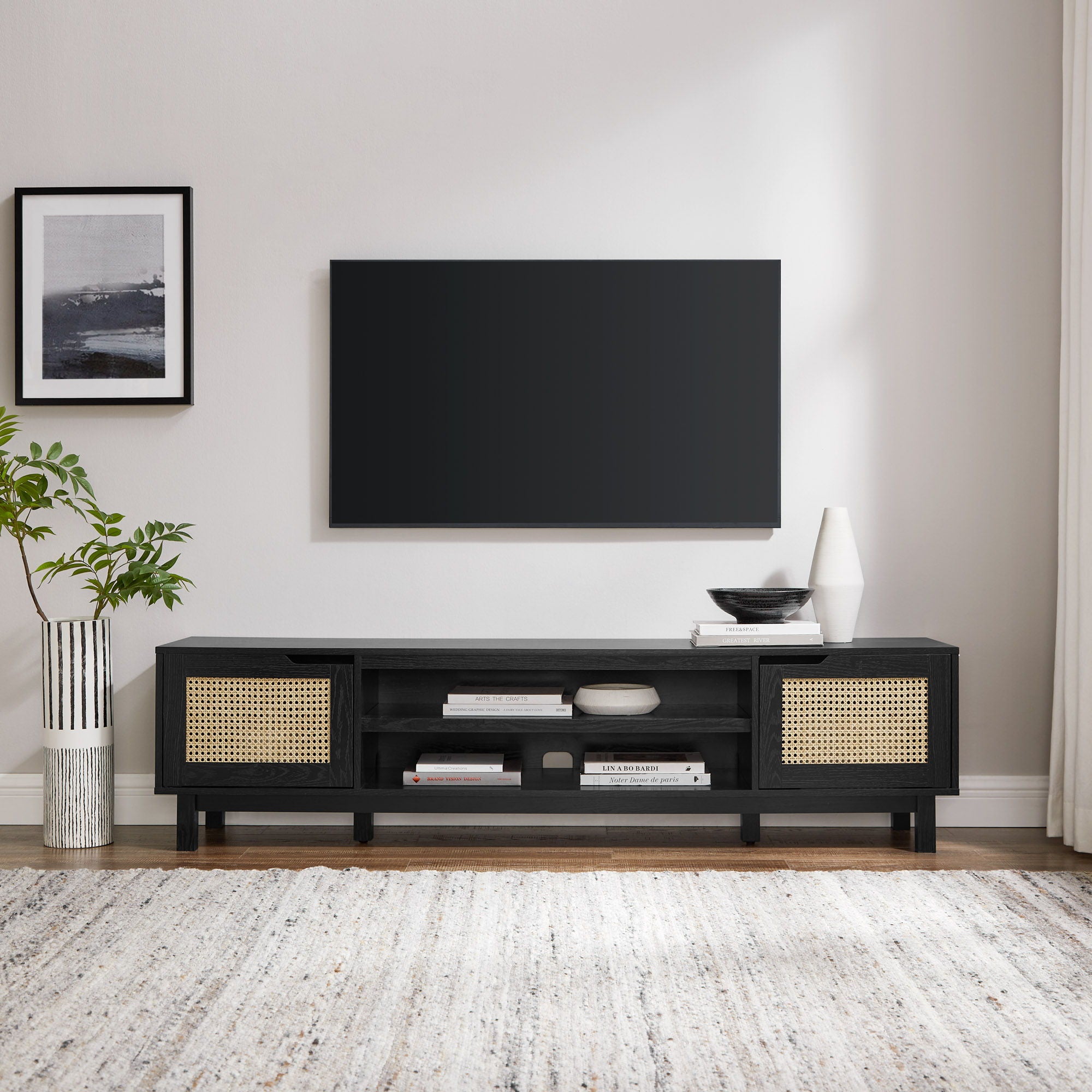 Modern Rattan Door Low TV Stand For TVs Up To 80&quot; - Black