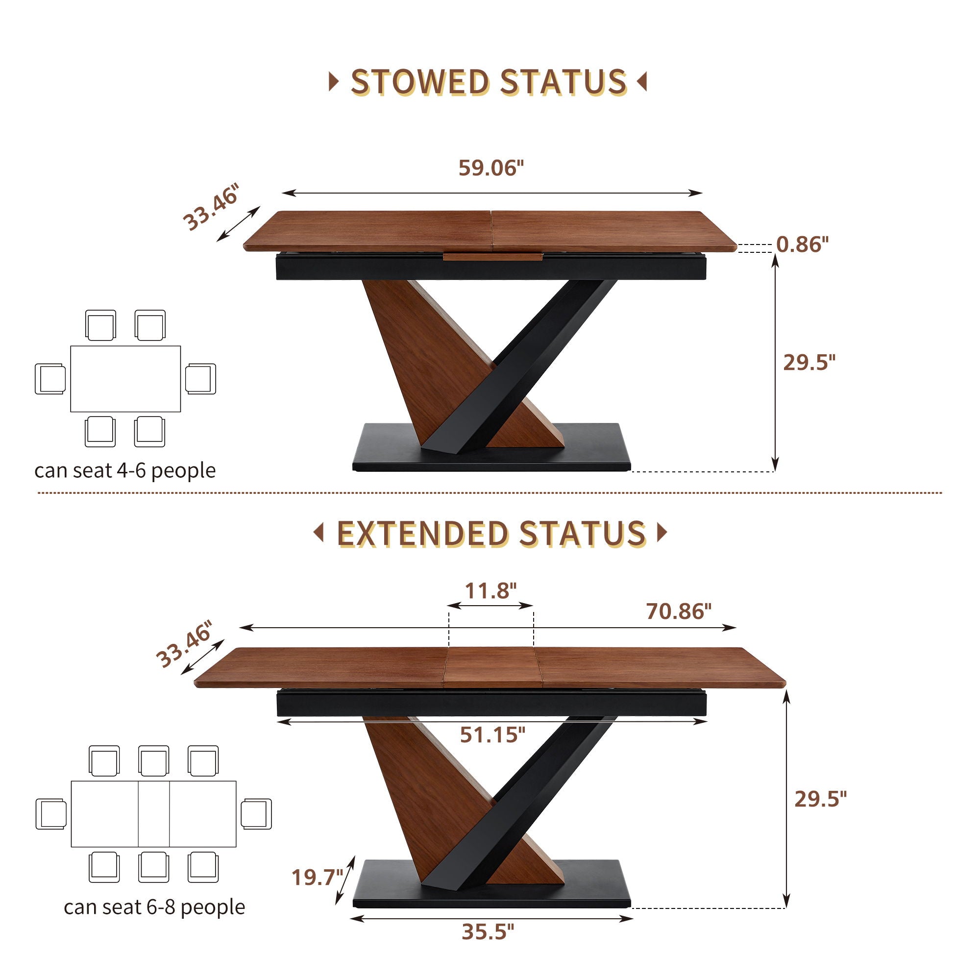 Dining Table, Scratch Resistant, Cross Geometric Legs For Kitchen &amp; Dining Room - Dark Walnut