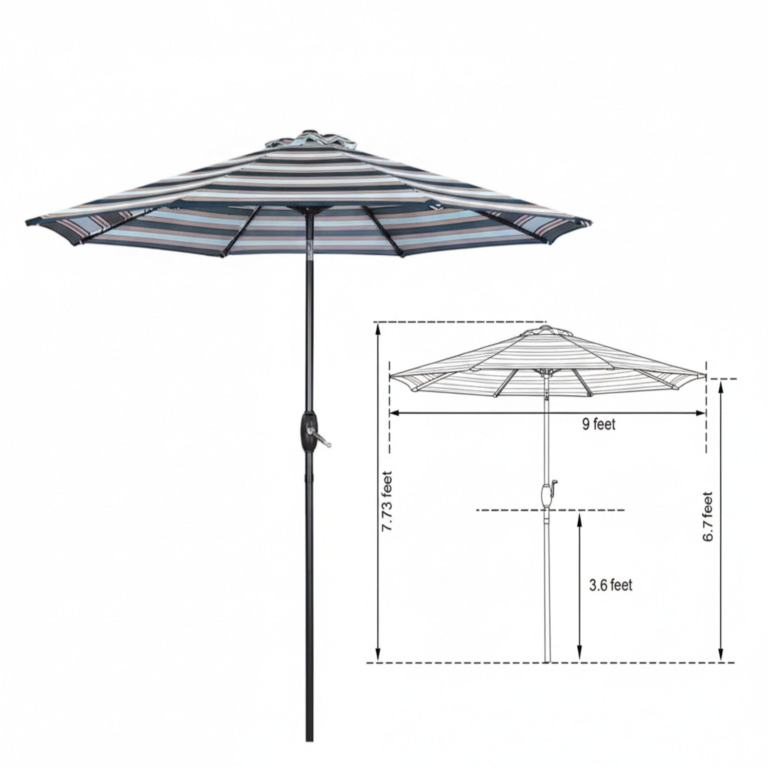 Patio Umbrella With Crank Lift &amp; Push Button Tilt Frame, 200G / Sqm Solution Dyed Canopy - Blue Multi / Brown
