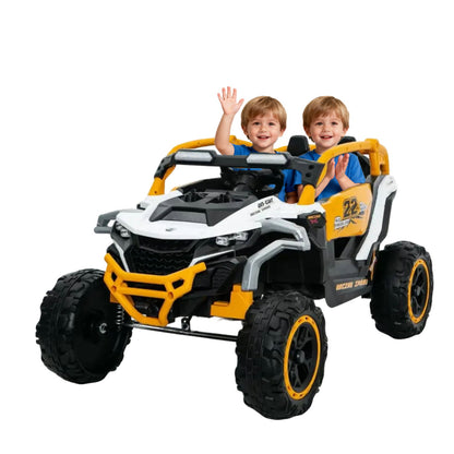 Ride On Models 12V Kids Electric Truck With Remote Control, Front &amp; Rear Suspension, 2 Seater UTV, Flashlights, Music Player - Yellow / White
