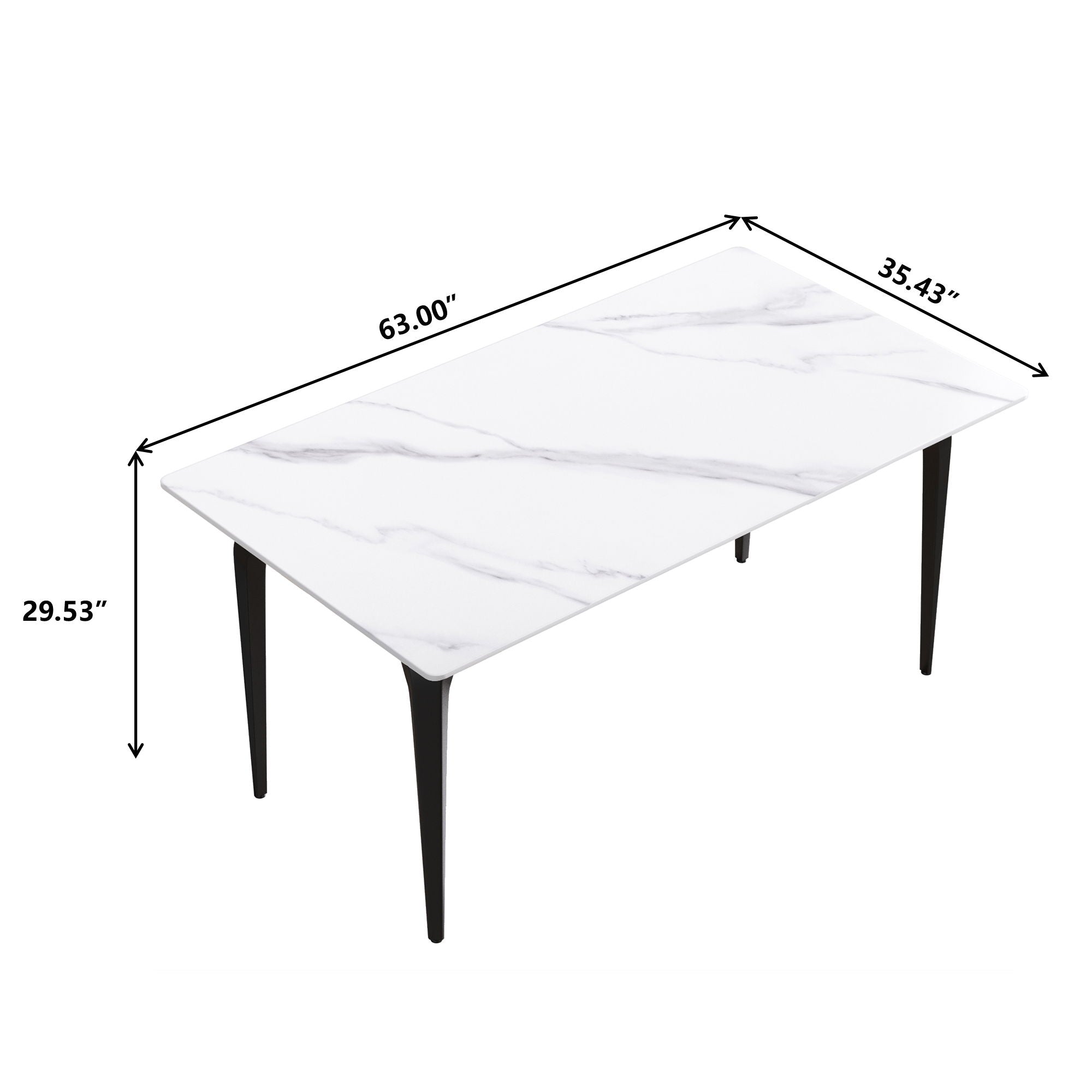 63&quot; Modern Artificial Stone White Straight Edge Black Metal Leg Dining Table, 6 People - White / Black