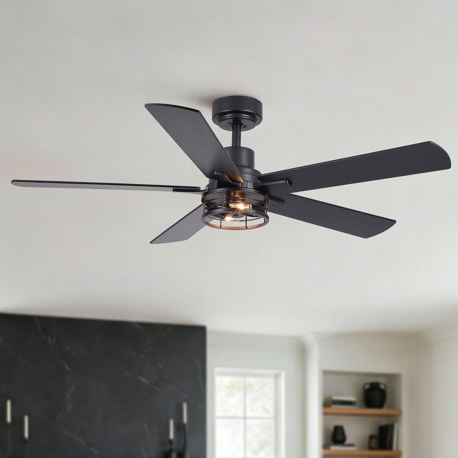 Ceiling Fan With Light, Dual‑Sided Matte Black &amp; Wood Grain Blades - Black
