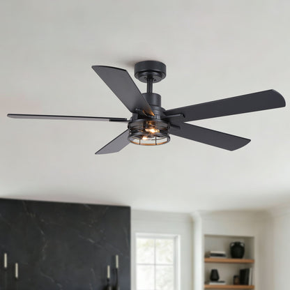 Ceiling Fan With Light, Dual‑Sided Matte Black &amp; Wood Grain Blades - Black