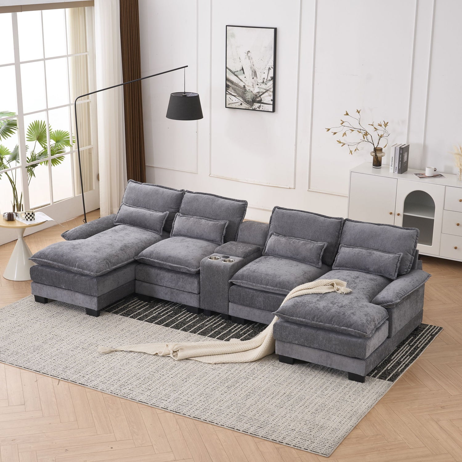 U Shaped Sofa With Console, Cupholders, USB Ports, 6 Seat, Bronzing Suede &amp; Chenille