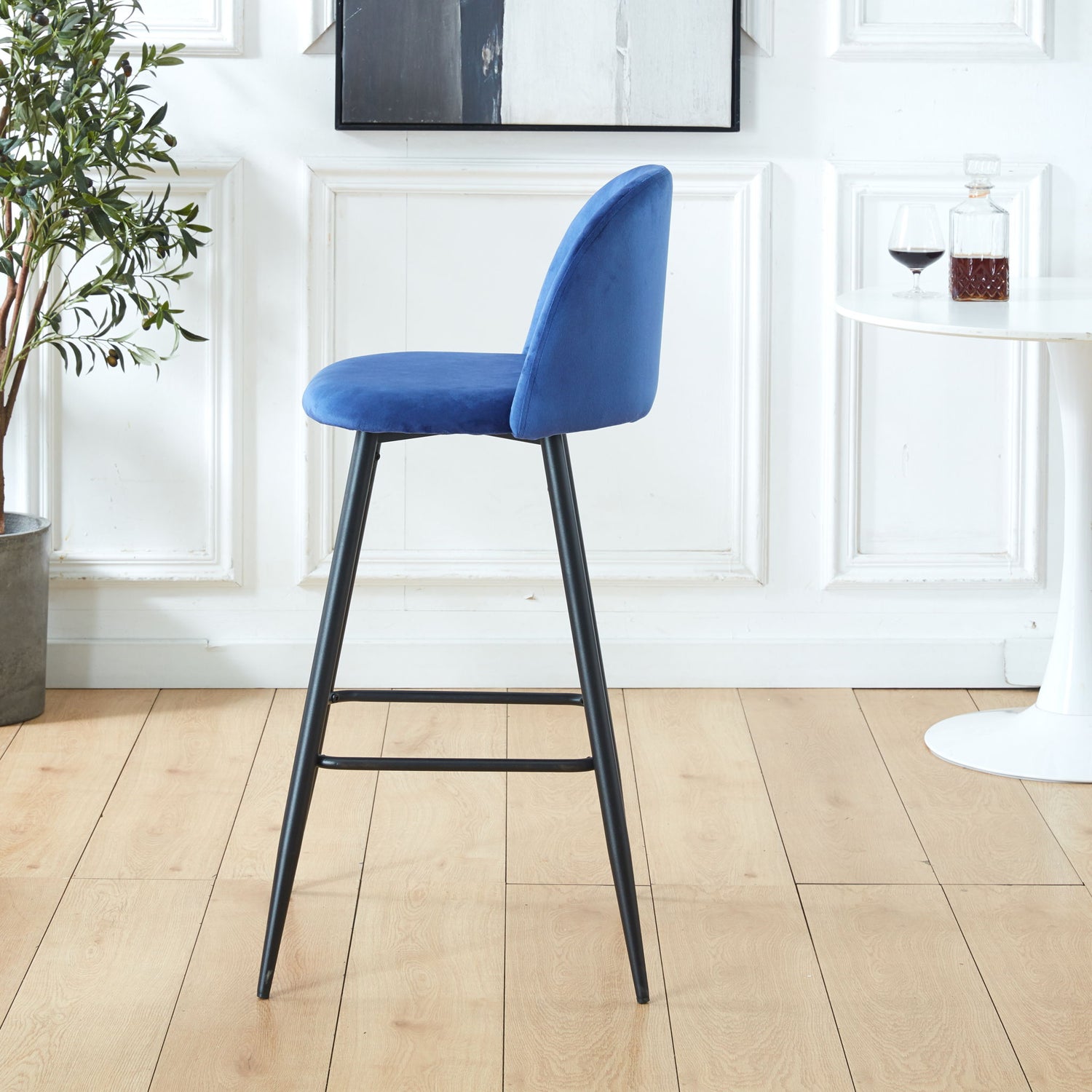 Bar Stool (Set of 2) Modern Counter Bar Height Chair With Back, Sturdy Metal Legs &amp; Footrests, Island Stool For Kitchen Bar - Blue
