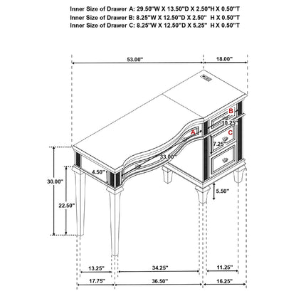 Colwood - 4 Drawer Vanity Desk With And Built In Charging - Silver Gray