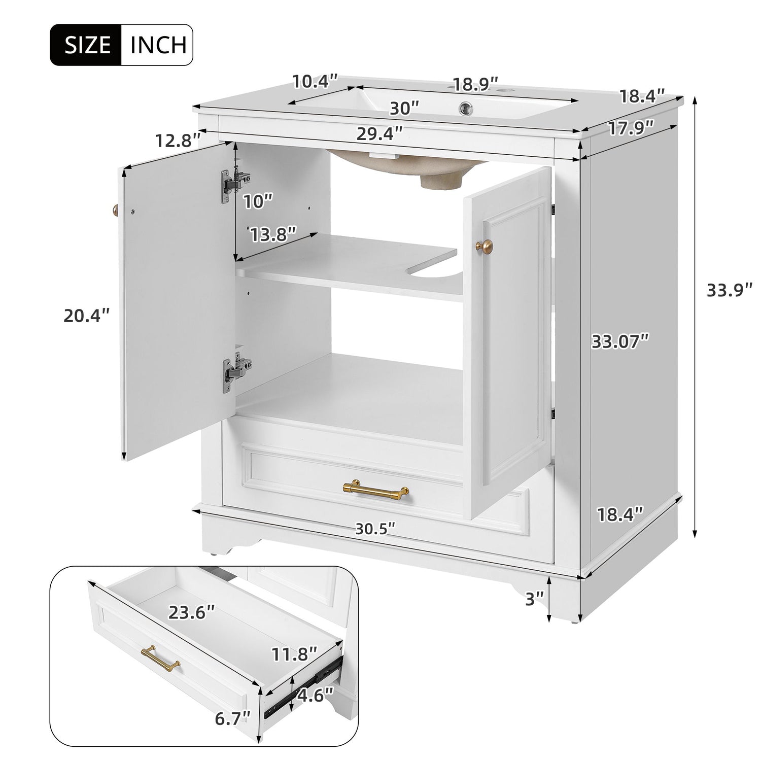Bathroom Vanity With Sink, Cabinet &amp; 2 Soft Closing Doors &amp; Adjustable Shelf