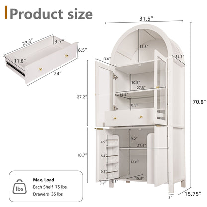 Fluted Tall Arched Pantry Cabinet With Adjustable Shelves, Glass Door &amp; Hidden Drawer For Kitchen