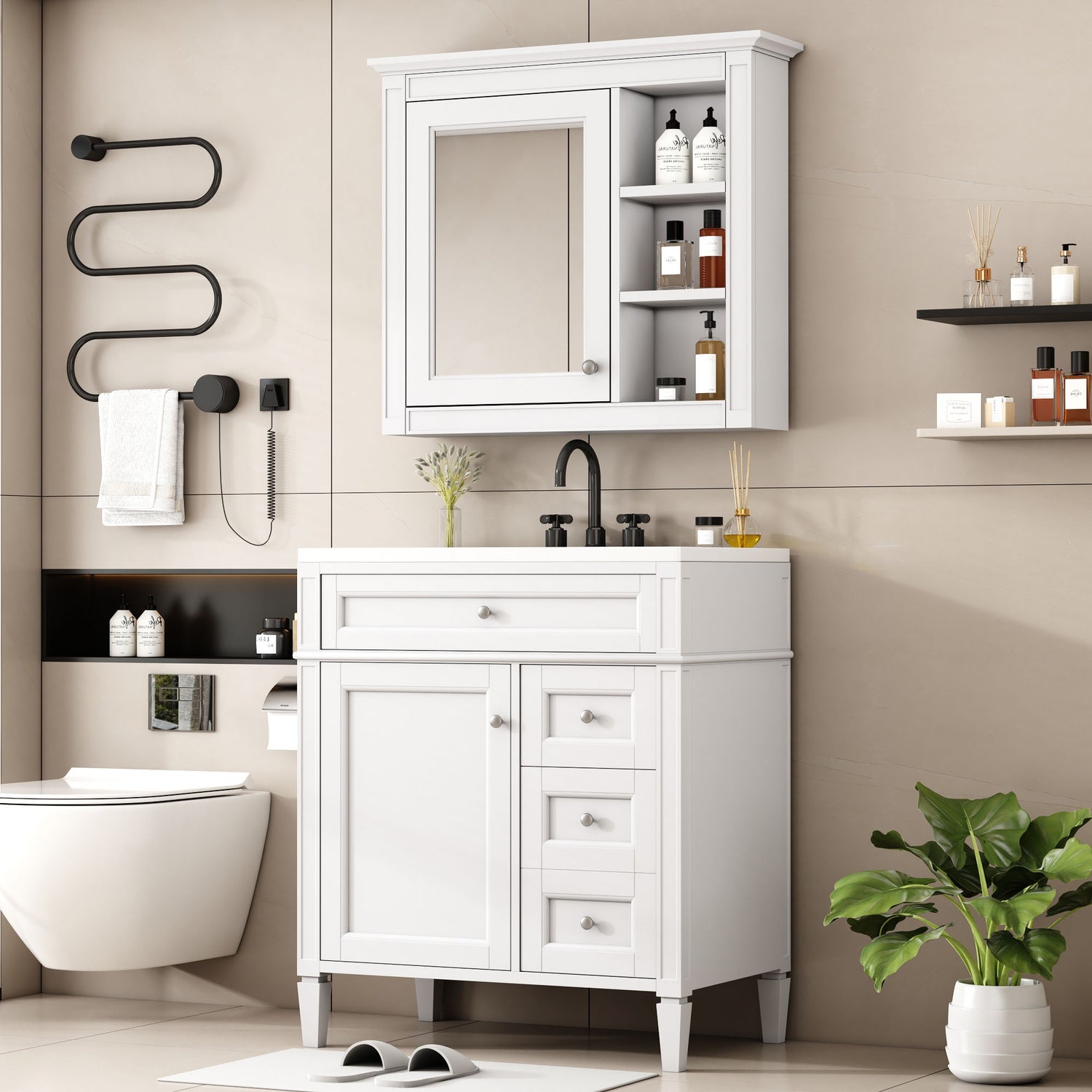 Bathroom Vanity With Top Sink, Storage Cabinet With 2 Drawers And Tip Out Drawer, Freestanding Set With Mirror Cabinet