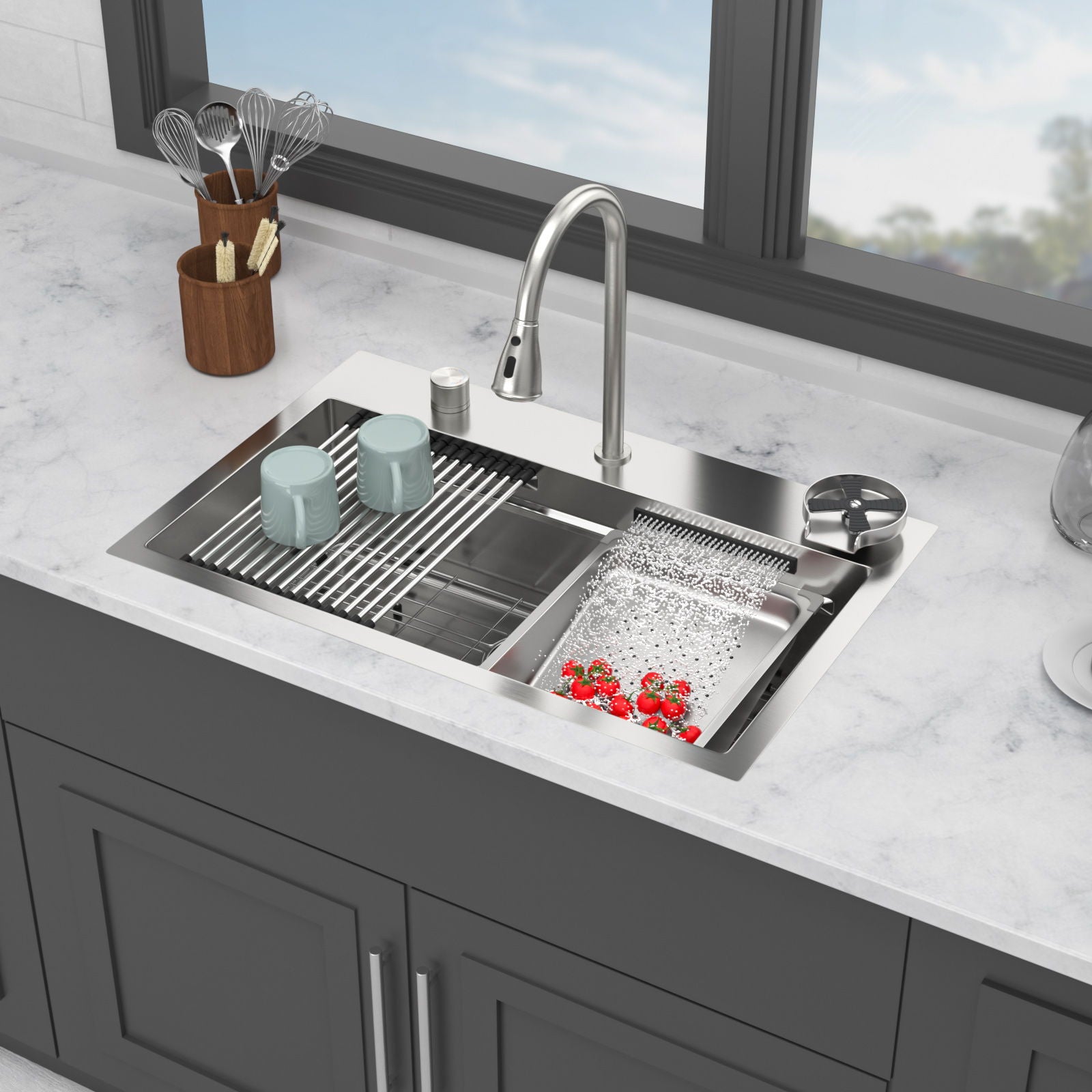 Drop In Waterfall Kitchen Sink With Pull Out Faucet &amp; Cup Washer