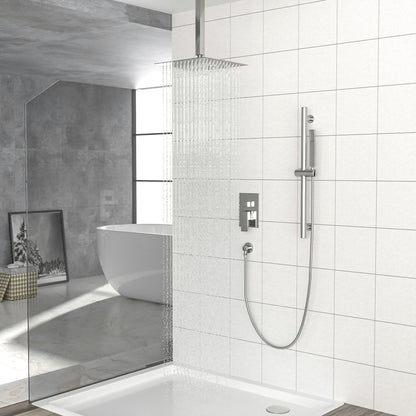 Ceiling Mounted Square Shower System With Adjustable Slide Bar, 16&quot; Rainfall Shower With Handheld - Brushed Nickel