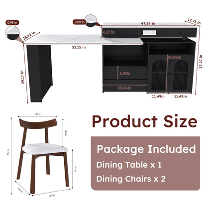 Retro Kitchen Island Set With Chairs, Extendable &amp; Rotating Table, 4 Drawers &amp; Door Cabinets