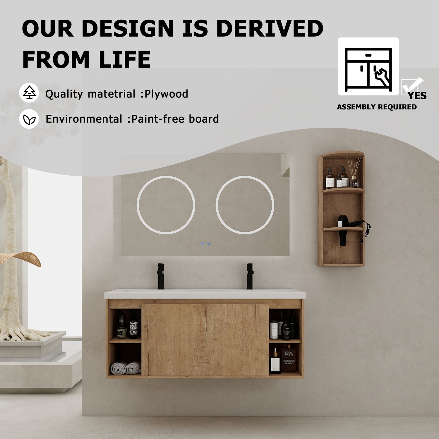 Modern 48&quot; Wall Mounted Bathroom Vanity With Double Resin Sink And Storage Rack Soft Close Doors - Imitative Oak