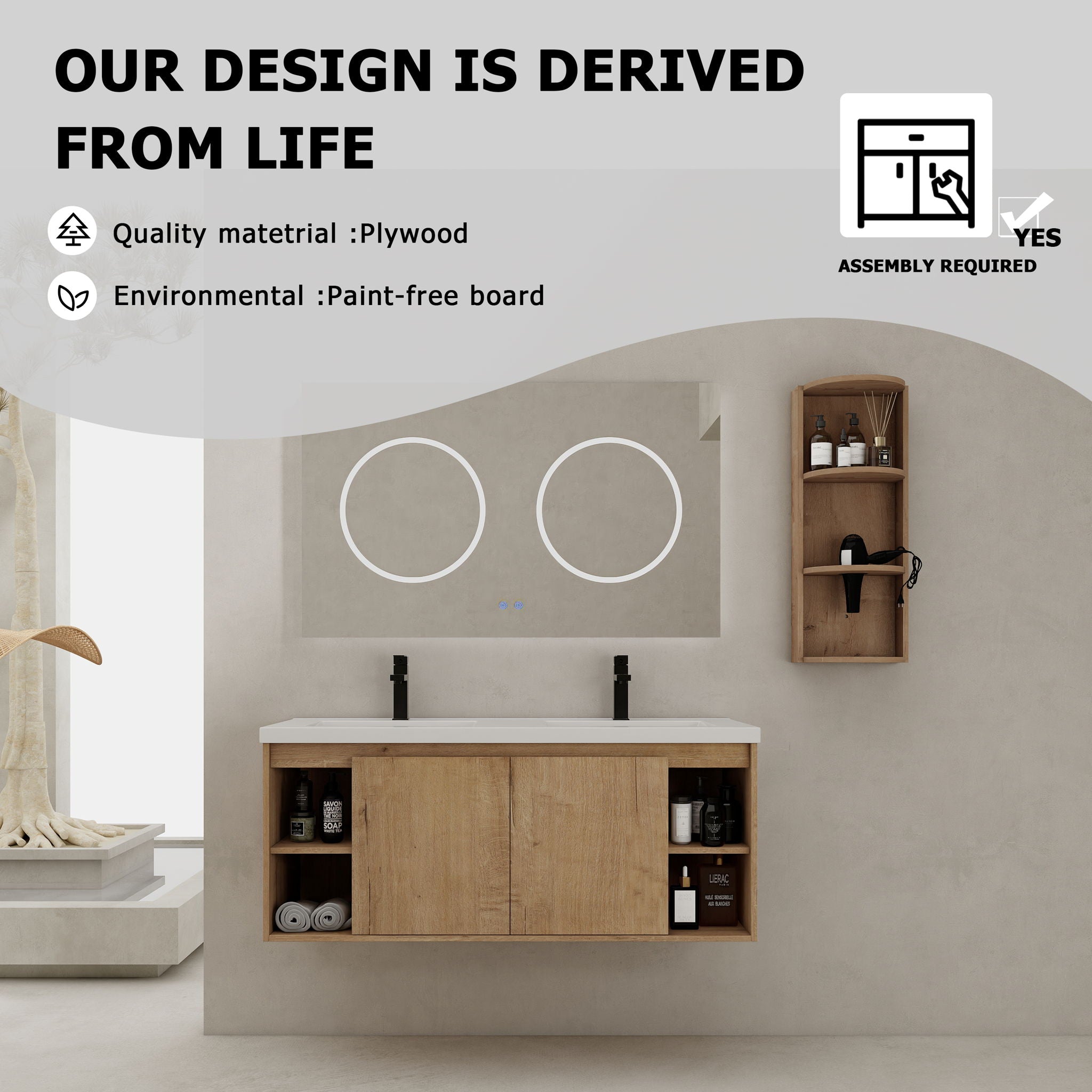 Modern 48&quot; Wall Mounted Bathroom Vanity With Double Resin Sink And Storage Rack Soft Close Doors - Imitative Oak