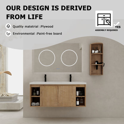 Modern 48&quot; Wall Mounted Bathroom Vanity With Double Resin Sink And Storage Rack Soft Close Doors - Imitative Oak