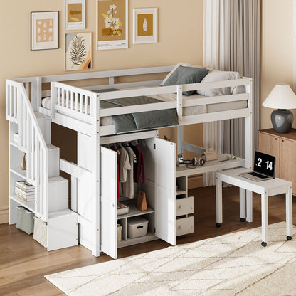 Loft Bed With Stairs, Bookshelf, Drawers, Desk &amp; Wardrobe, Space Saving Multifunctional Furniture