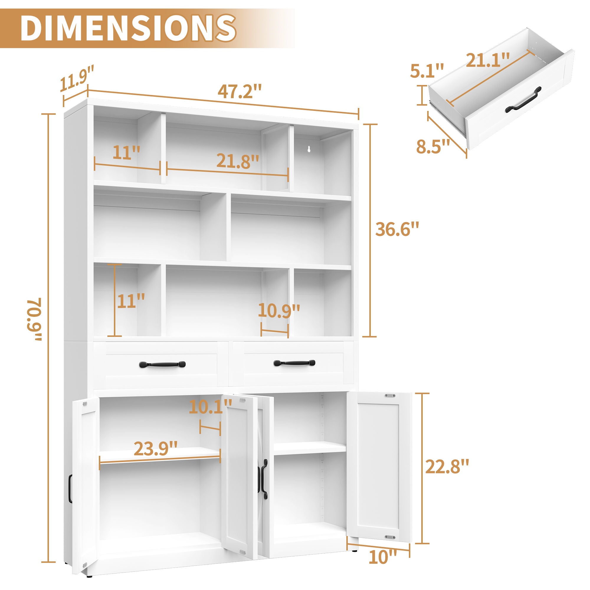 Bookcase Tall With 2 Doors &amp; 2 Drawers, Fixed Open Shelves - White