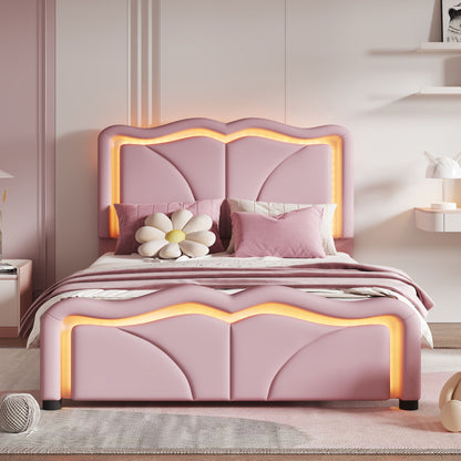 Upholstered Platform Bed &amp; Curve Shaped And Height Adjustable Headboard, LED Light Strips