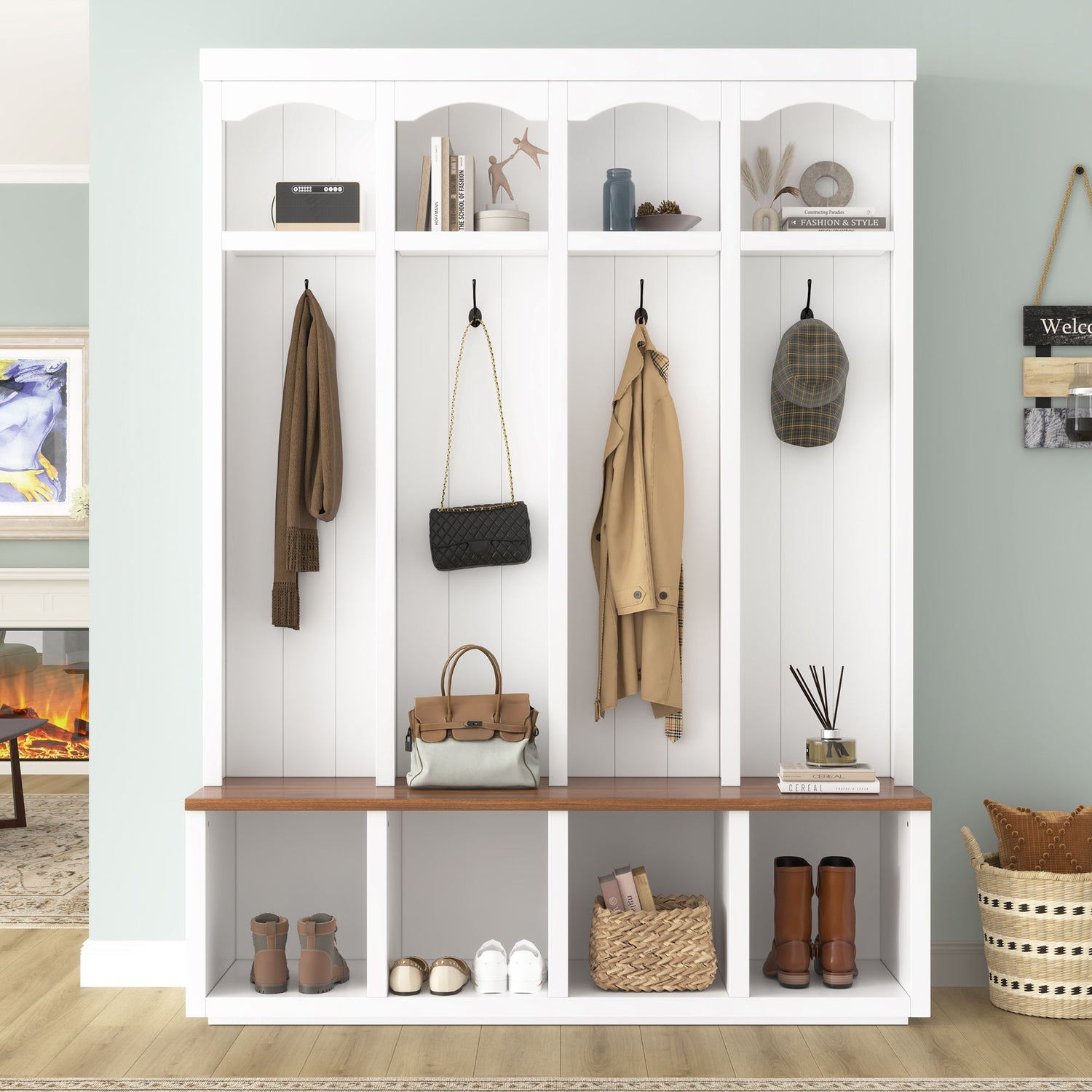 Entryway Hall Tree With Bench, 4 Hooks &amp; Open Storage Space