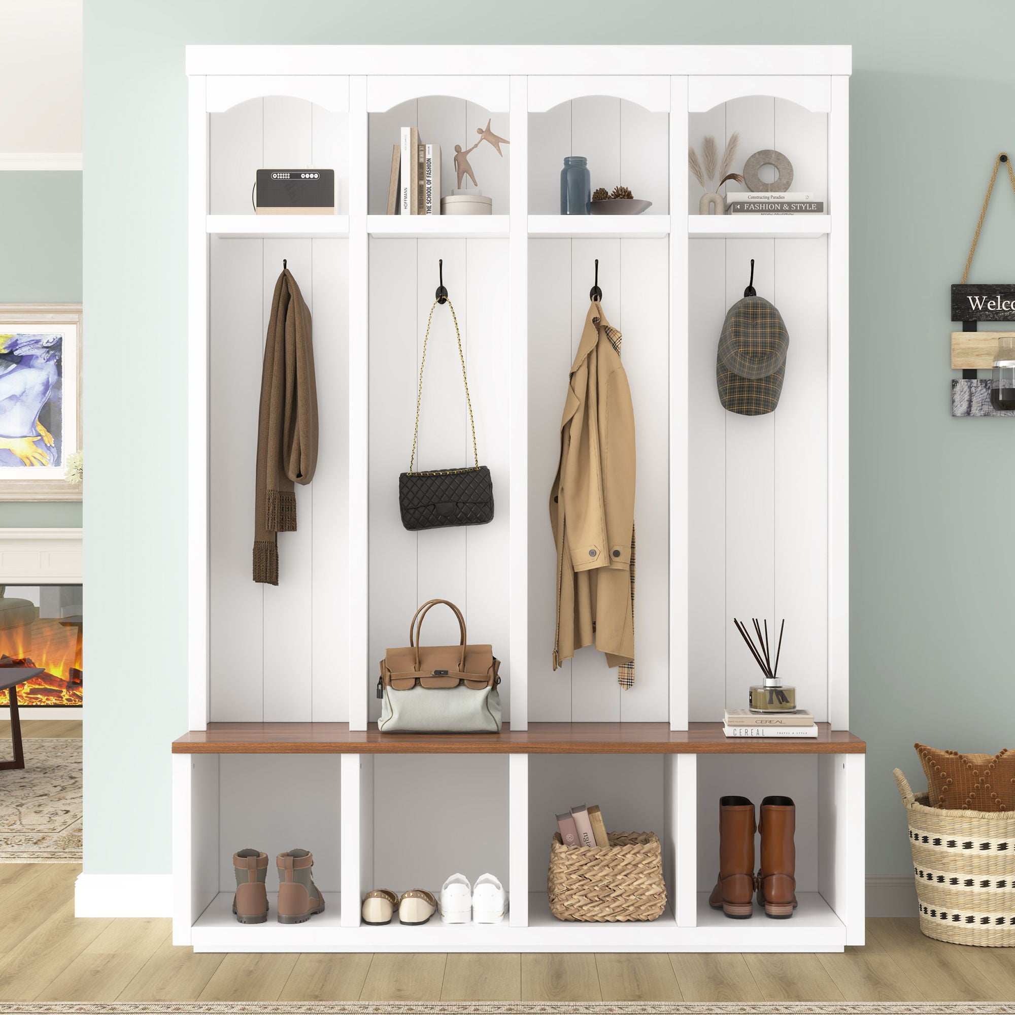 Entryway Hall Tree With Bench, 4 Hooks &amp; Open Storage Space