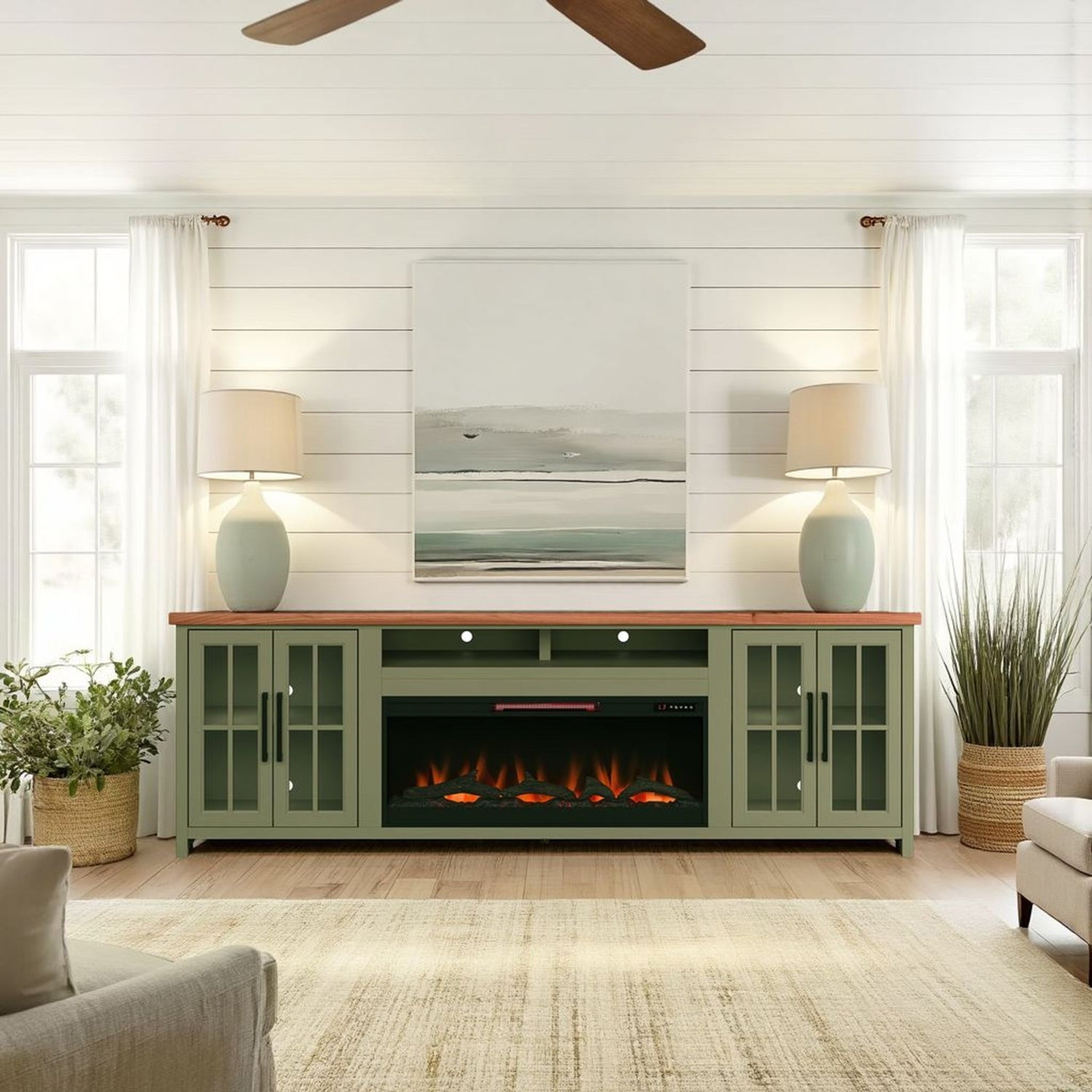 Vineyard - 97&quot; Fireplace TV Stand Console For TVs Up To 100&quot; - Sage Green And Fruitwood Finish