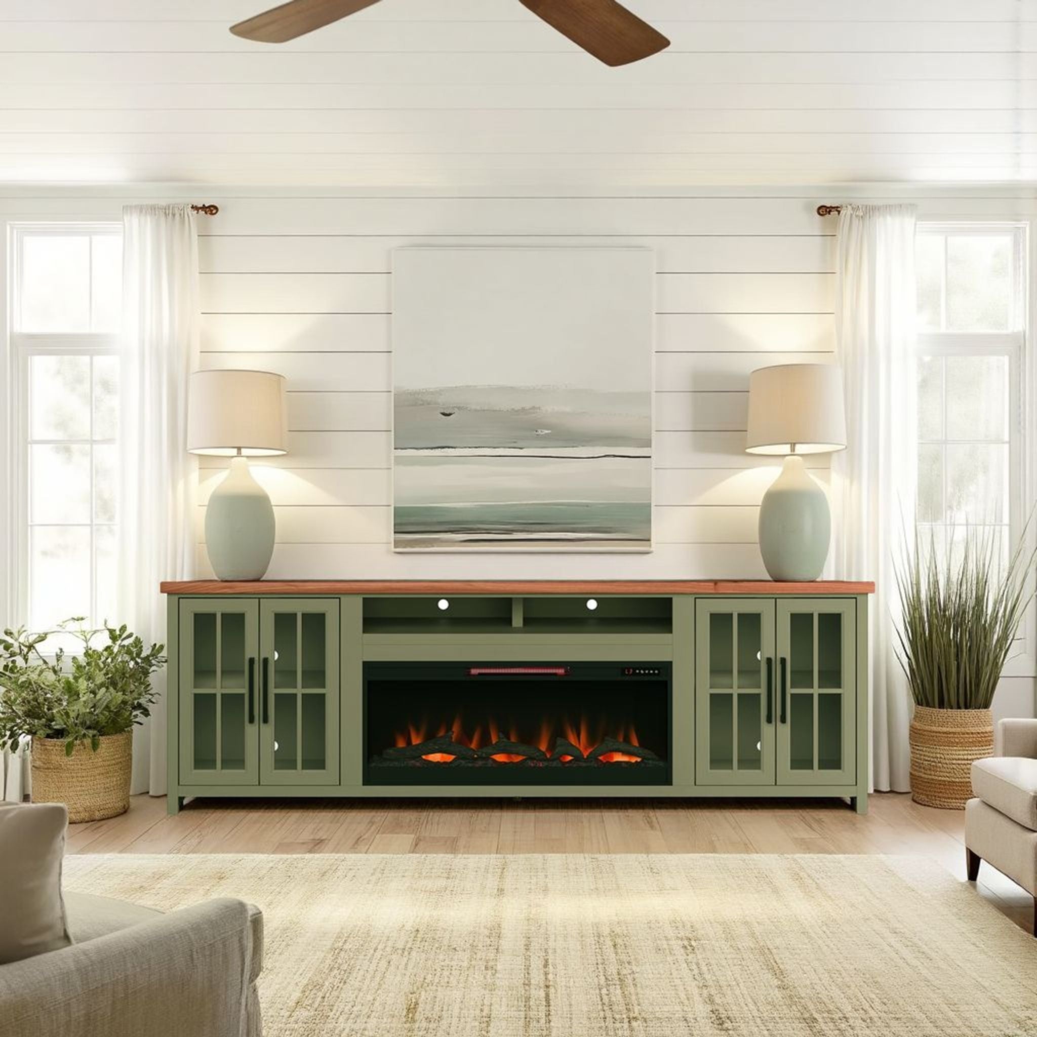 Vineyard - 97&quot; Fireplace TV Stand Console For TVs Up To 100&quot; - Sage Green And Fruitwood Finish