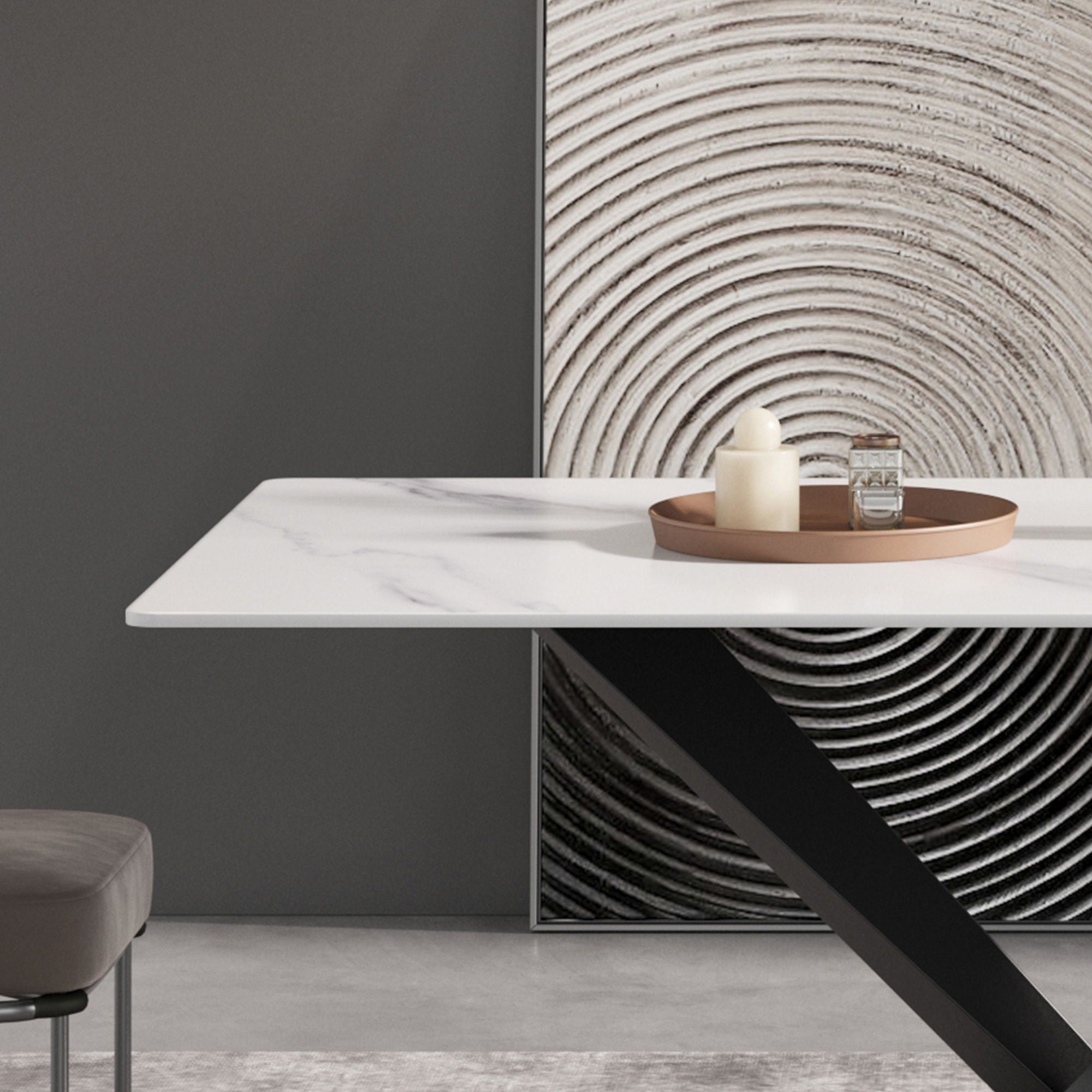 70.87&quot; Modern Artificial Stone White Straight Edge Black Metal Leg Dining Table, Can Accommodate 6-8 People - White