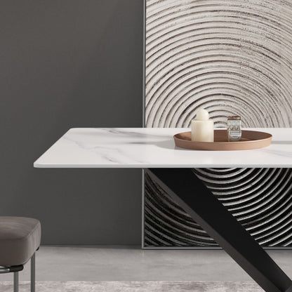 70.87&quot; Modern Artificial Stone White Straight Edge Black Metal Leg Dining Table, Can Accommodate 6-8 People - White