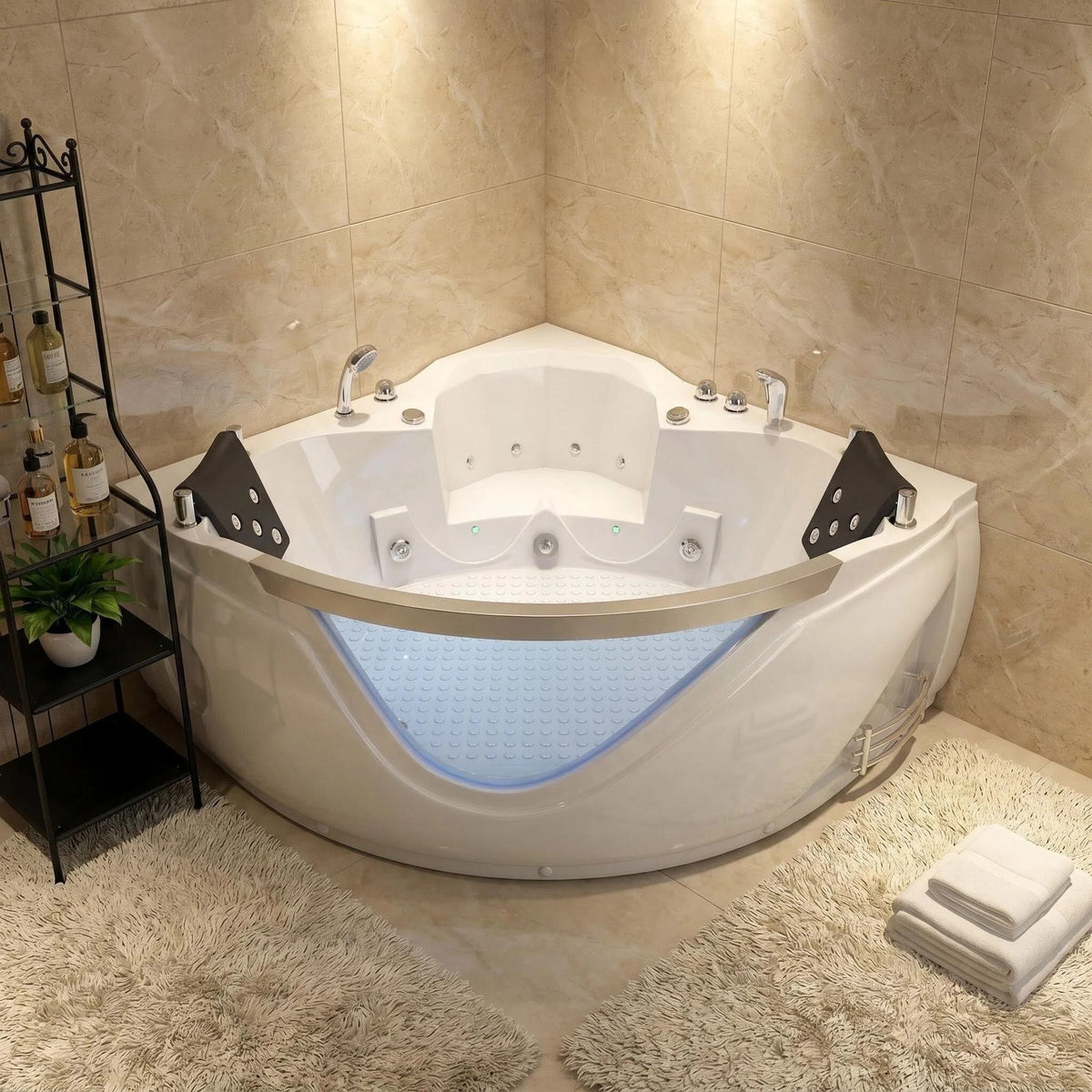 Xavier - Double Corner Massage Bathtub, Equipped &amp; Gfci Plug And Ul Certified Water Pump, Upc Certified Drain - Milk White