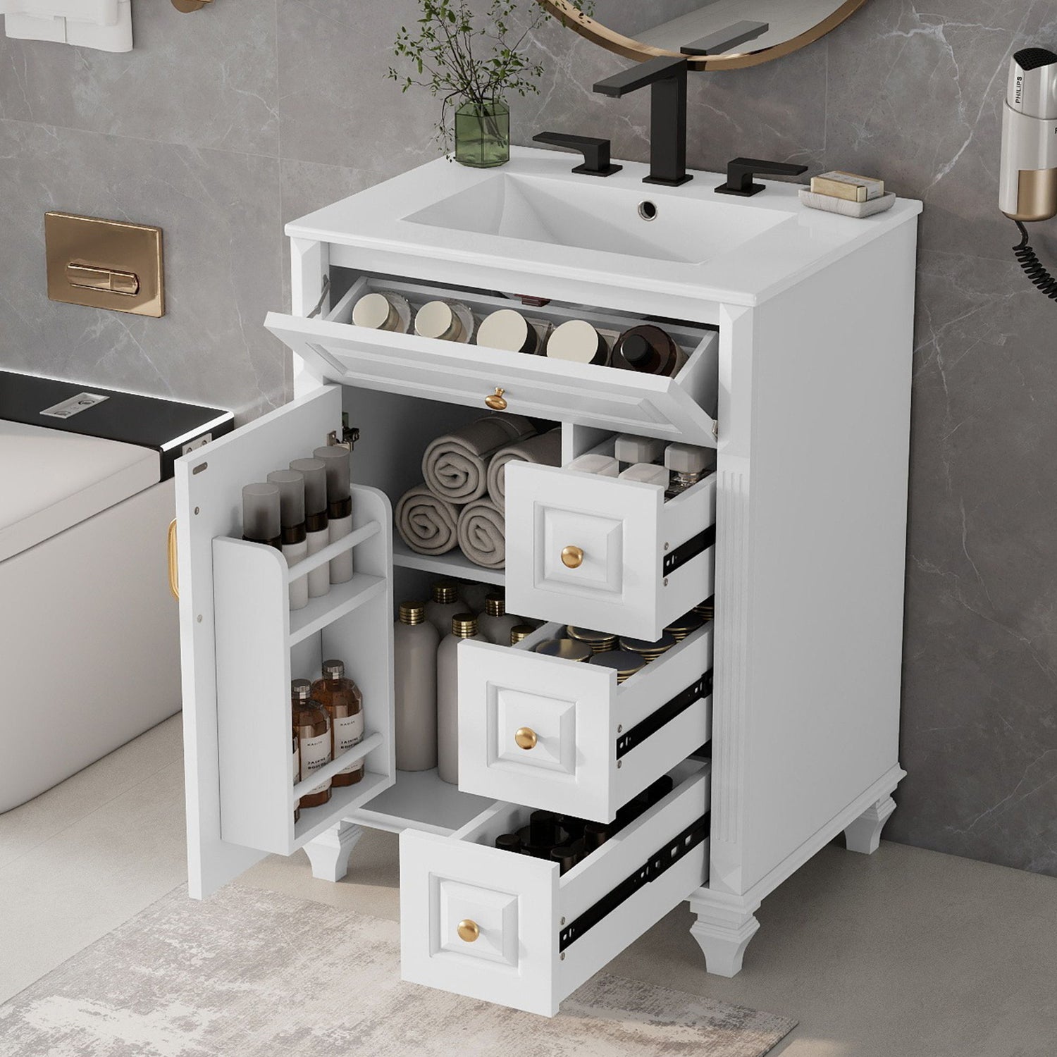 Freestanding Bathroom Vanity With Sink, 3 Drawers &amp; Flip-Out Drawer