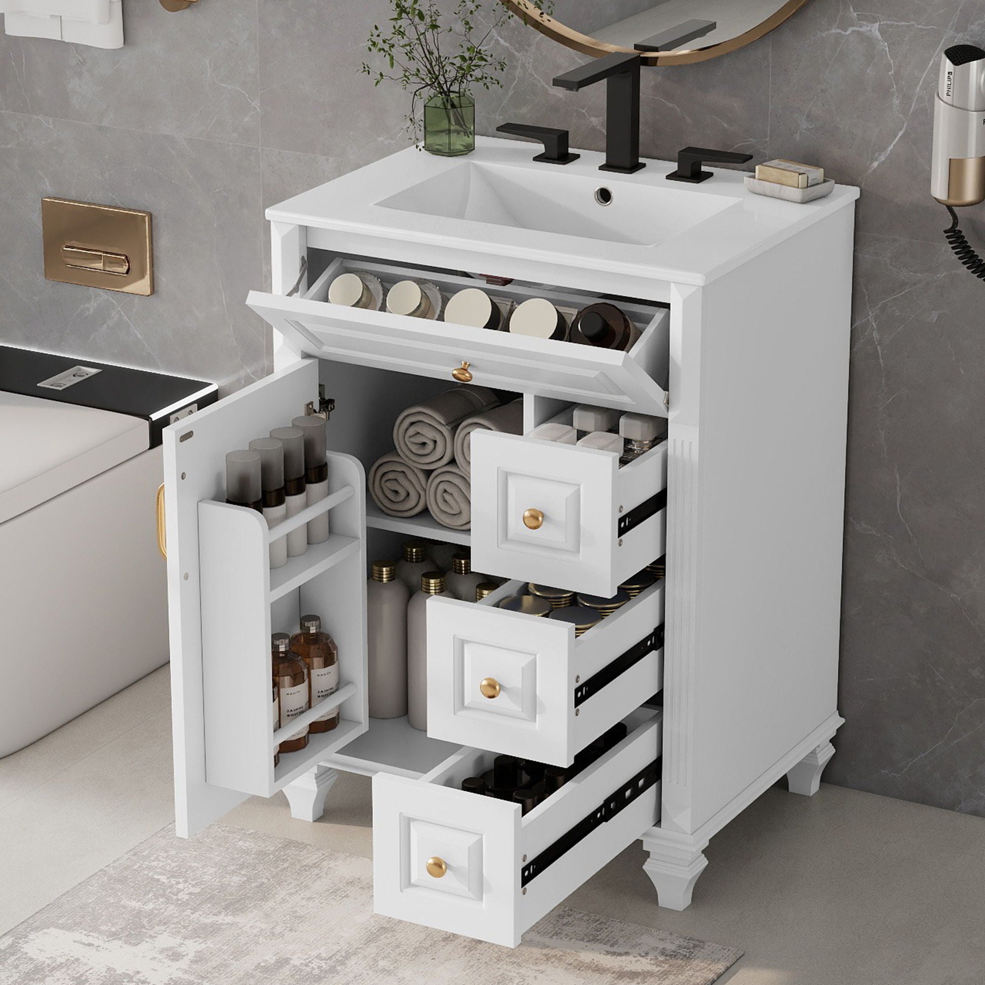 Freestanding Bathroom Vanity With Sink, 3 Drawers &amp; Flip-Out Drawer