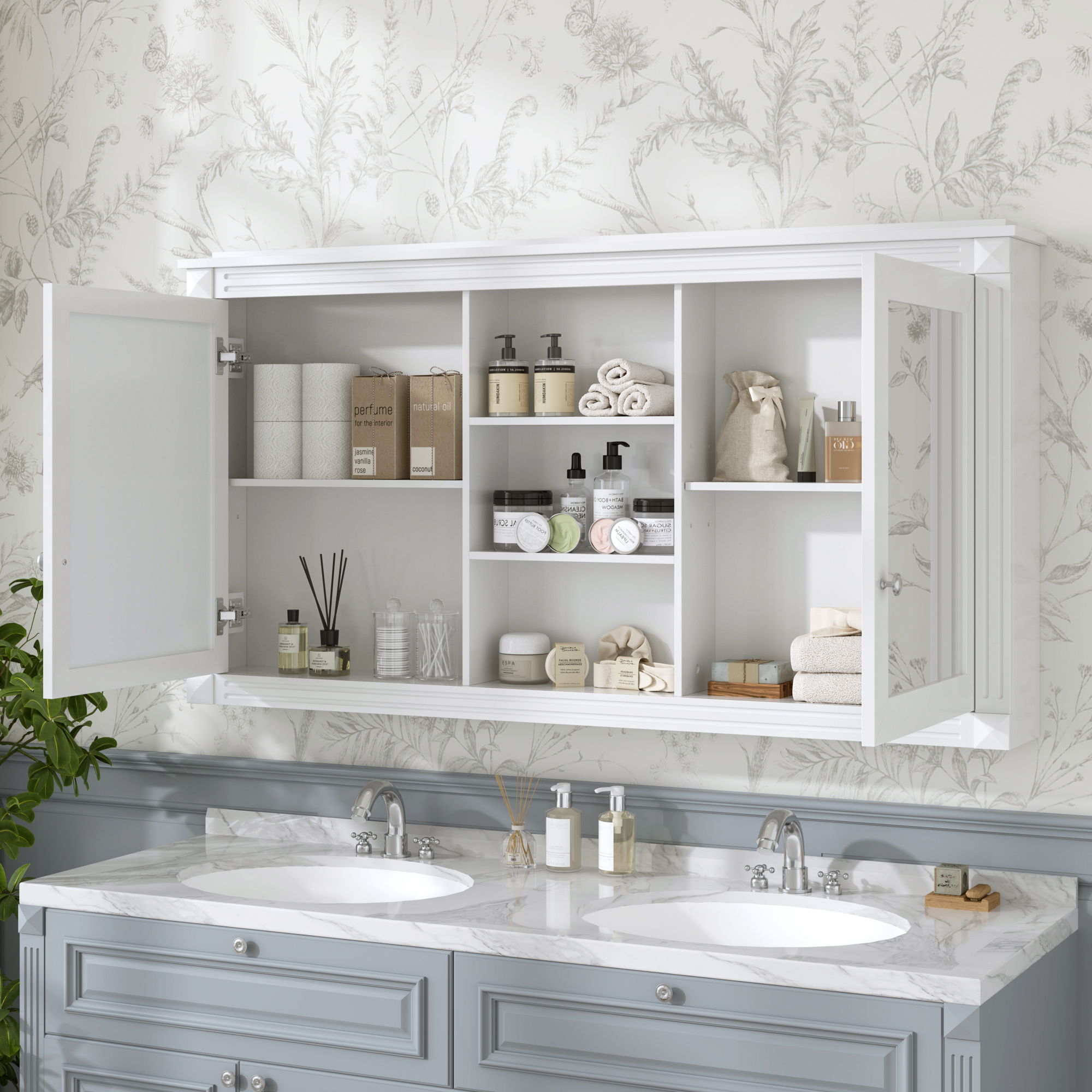 Modern Wall-Mount 2 In 1 Mirror Cabinet With Adjustable Shelves, Soft-Closing Hinges