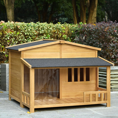 Wooden Dog House, Outdoor &amp; Indoor Dog Crate, Pet Kennel With Porch, Weatherproof, Medium - Nature