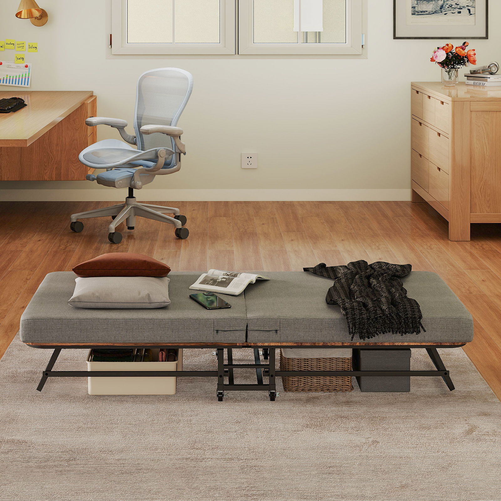 Portable Folding Bed With Memory Foam Mattress, Lockable - Gray