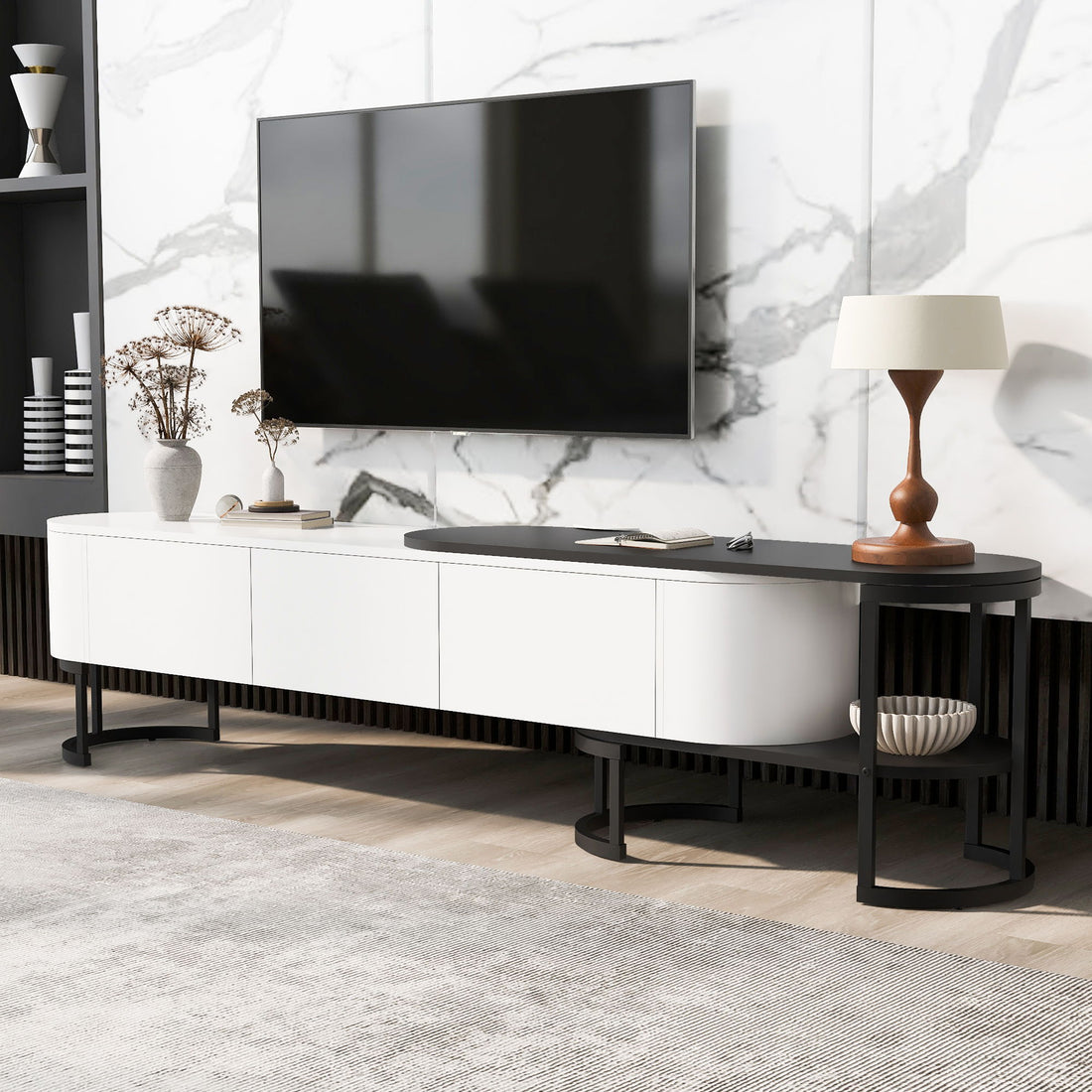 Modern Extendable TV Stand For TVs Up To 75&quot;, Entertainment Center Media Console With 3 Drawers, Metal Adjustable Legs For Living Room