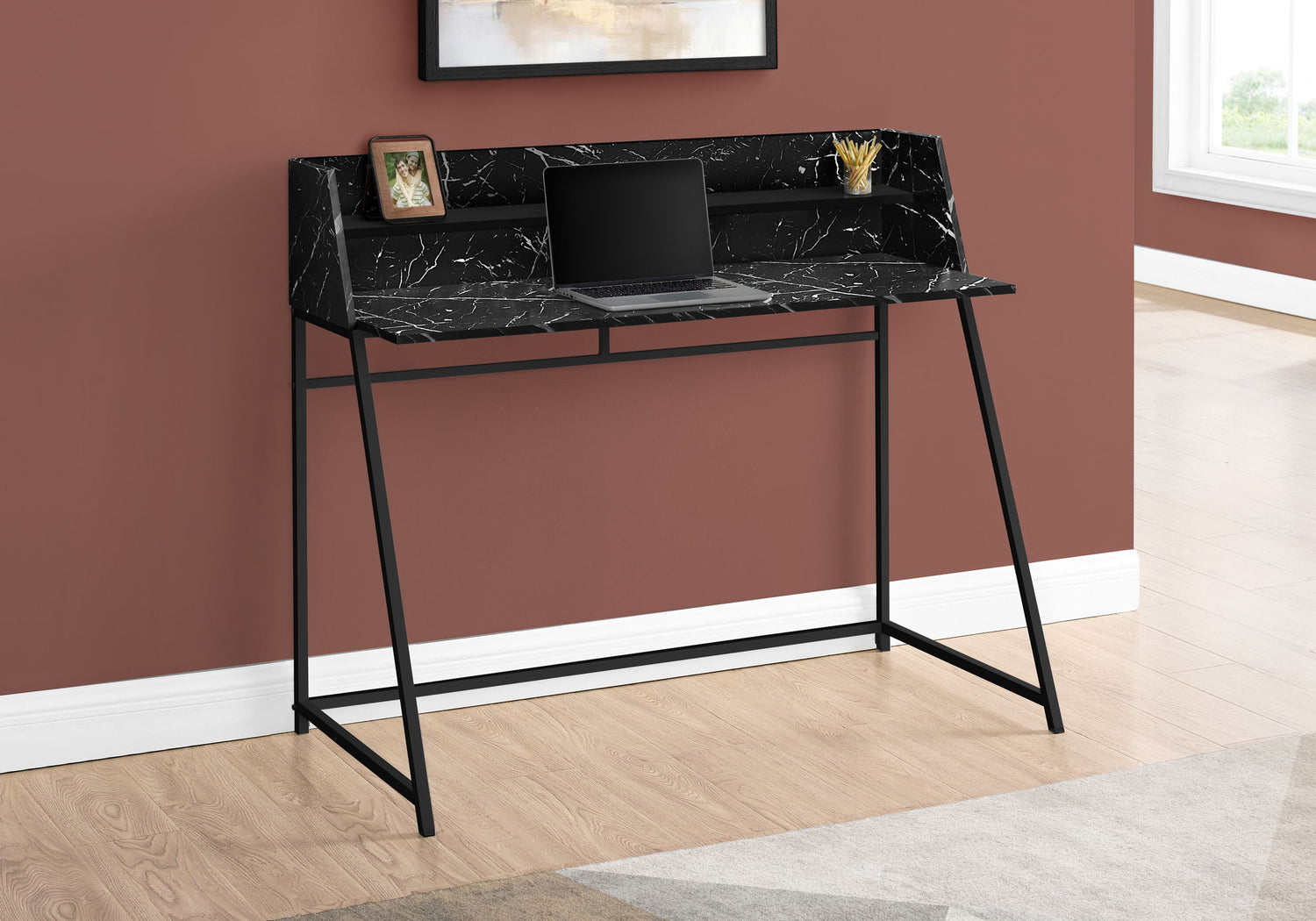 Computer Desk For Home Office, Laptop, Storage Shelves, Marble Look Contemporary &amp; Modern